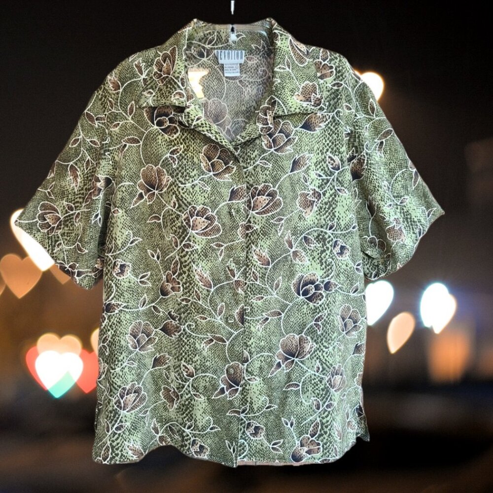 Devotion Women's Top Blouse Button Front Short Sleeves Olive Green Size L